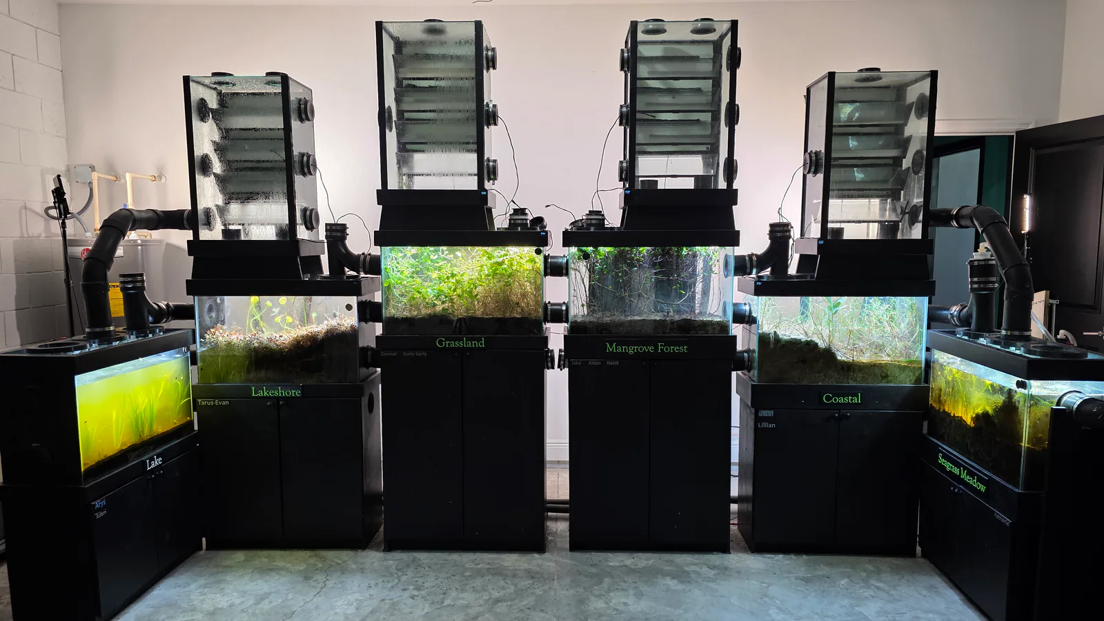 Full miniBIOTA cabinet with six labeled habitat tanks and upper environmental chambers.